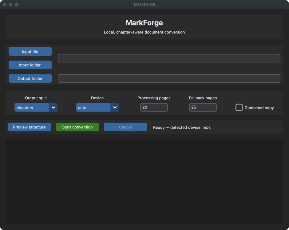 MarkForge desktop interface ready for a conversion, showing input and output controls, chapter splitting, automatic device selection, processing and fallback page settings, preview, start, cancel, status, and log areas